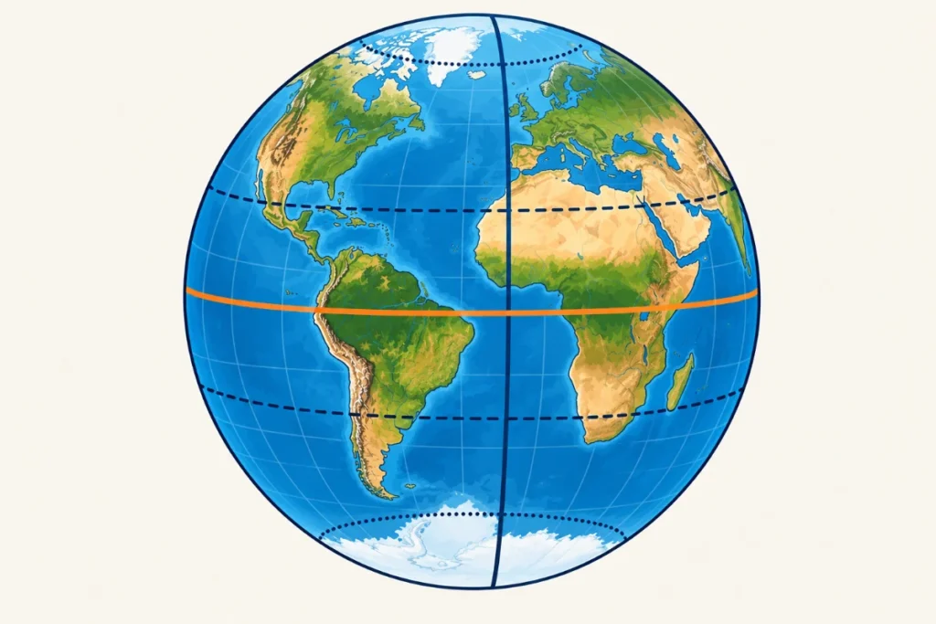 Globo terráqueo ilustrado con el Ecuador, los dos trópicos, los círculos polares y el meridiano de Greenwich resaltados con colores distintos
