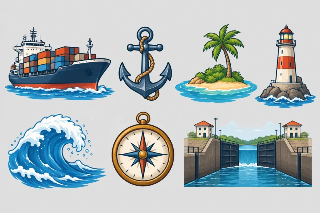 Lámina con íconos sencillos: un barco de carga, un ancla, una isla con una palmera, un faro, una ola, una brújula y una esclusa con agua
