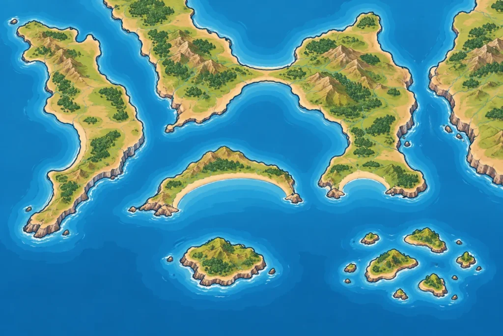 Ilustración de una costa imaginaria vista desde arriba con una península, un cabo, un istmo, un golfo, una bahía, un estrecho, una isla y un archipiélago