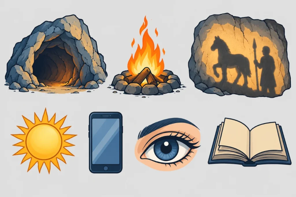 Lámina con íconos sencillos: una caverna, un fuego, una sombra en una pared, un sol, un celular, un ojo y un libro abierto