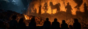 Siluetas de personas sentadas de espaldas en una caverna oscura miran sombras proyectadas en la pared de roca por la luz de un fuego