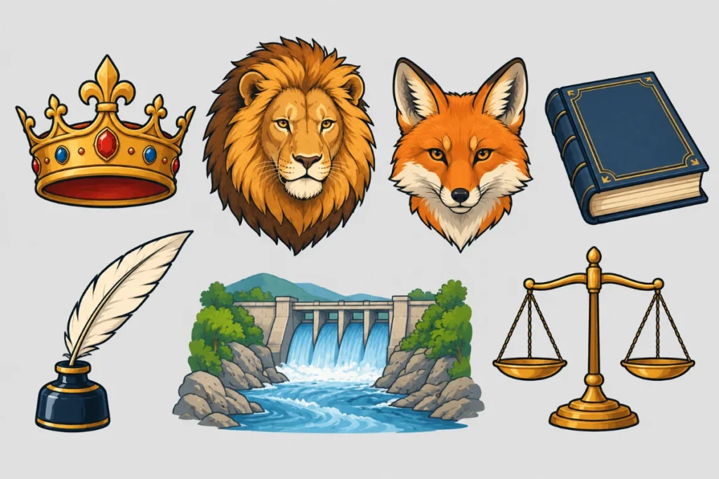 Lámina con íconos sencillos: una corona, un león, un zorro, un libro cerrado, una pluma, un río con un dique y una balanza