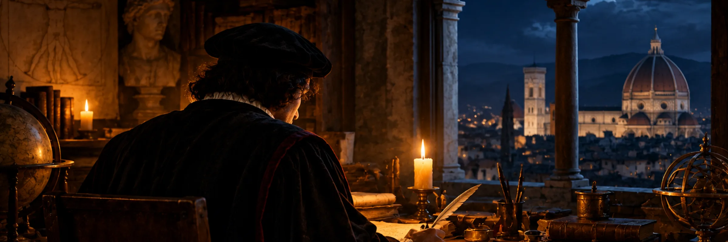Un hombre del Renacimiento escribe de noche a la luz de una vela en un estudio de piedra, con libros antiguos y una ventana hacia la ciudad de Florencia