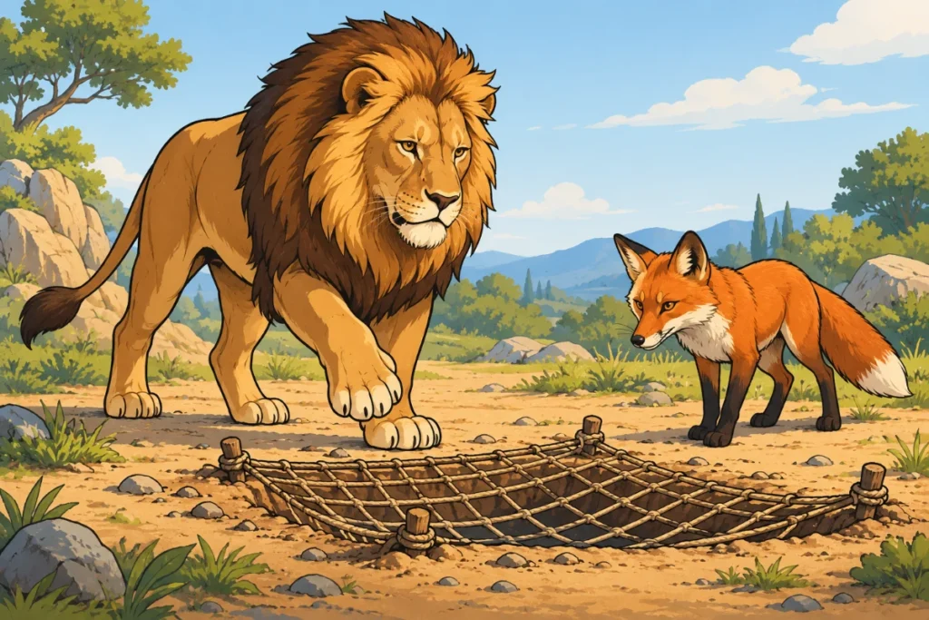 Ilustración de un león fuerte frente a una red tendida en el suelo y un zorro atento que señala la trampa, sobre un fondo claro