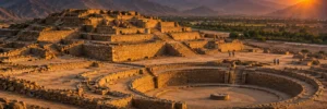 Las pirámides de piedra de Caral, en el valle de Supe, al atardecer, con el desierto y los cerros al fondo