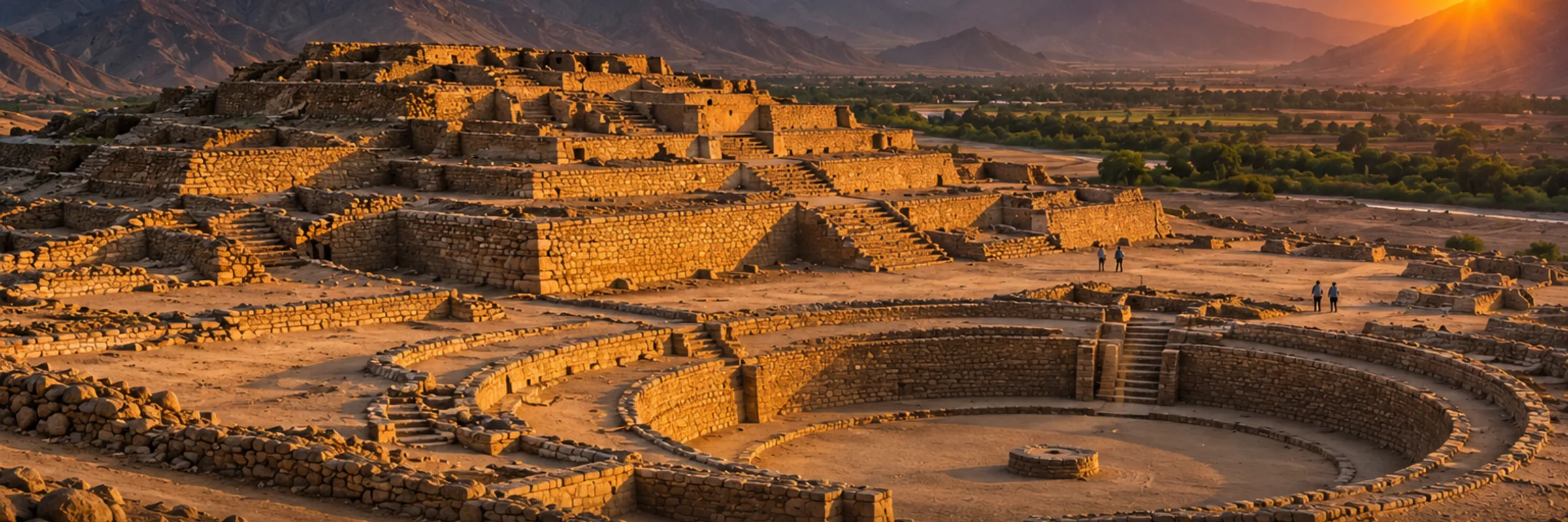 Las pirámides de piedra de Caral, en el valle de Supe, al atardecer, con el desierto y los cerros al fondo